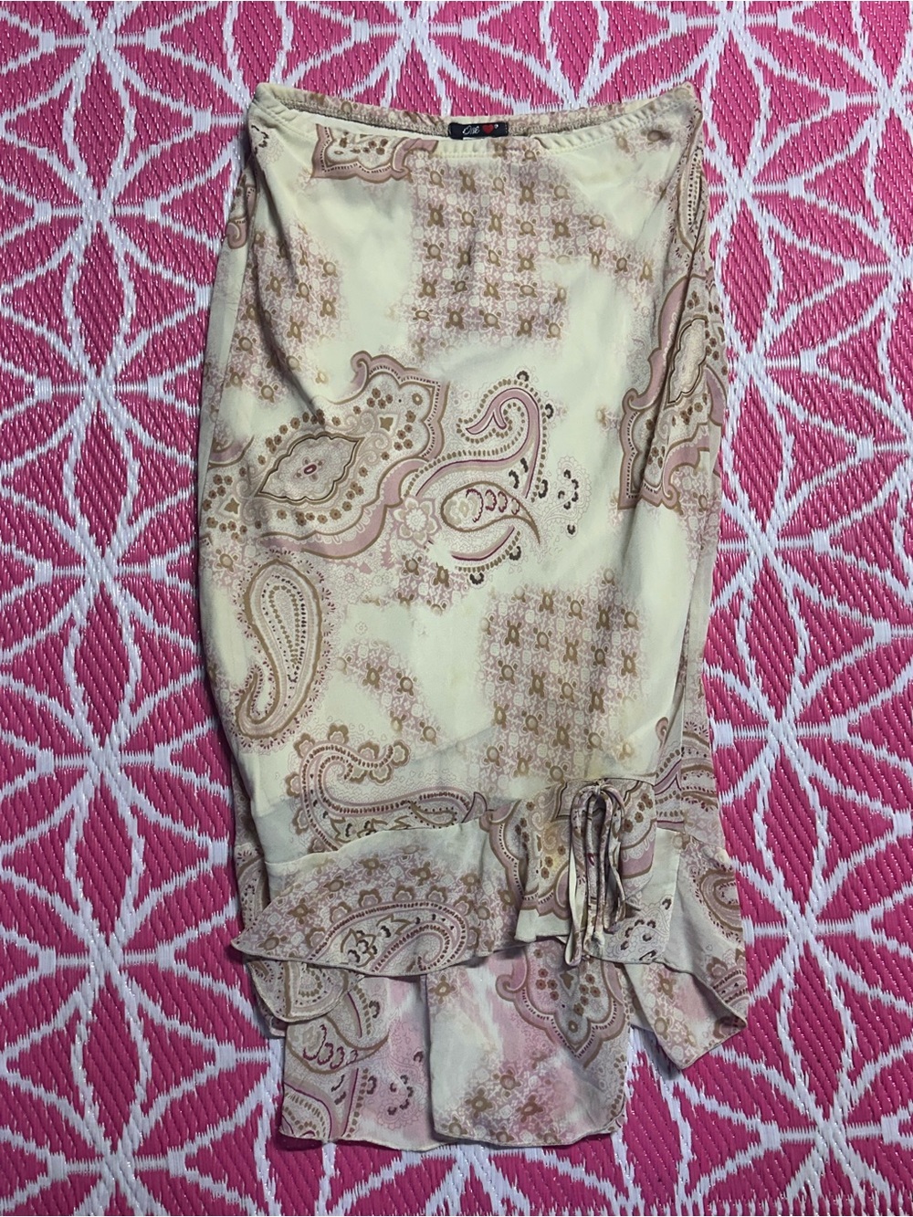 Vintage One Heart Cream Pink Paisley Print Sheer Ruffle Hem Maxi Skirt Size L